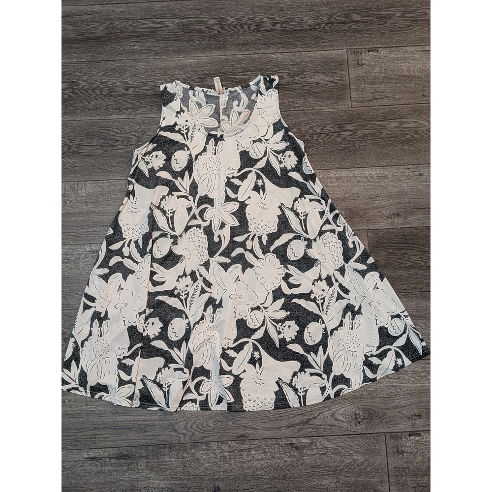 Shoreline Women Black White Tropical Floral Sleeveless Swing Dress Large